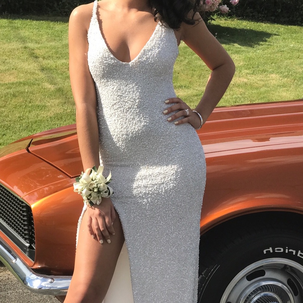White Plunge Prom Dress/Gown with Slit